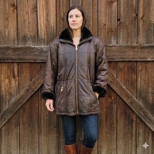 VTG Andrew Marc Women's Brown Leather Faux Fur Trim Oversized Insulated Jacket M